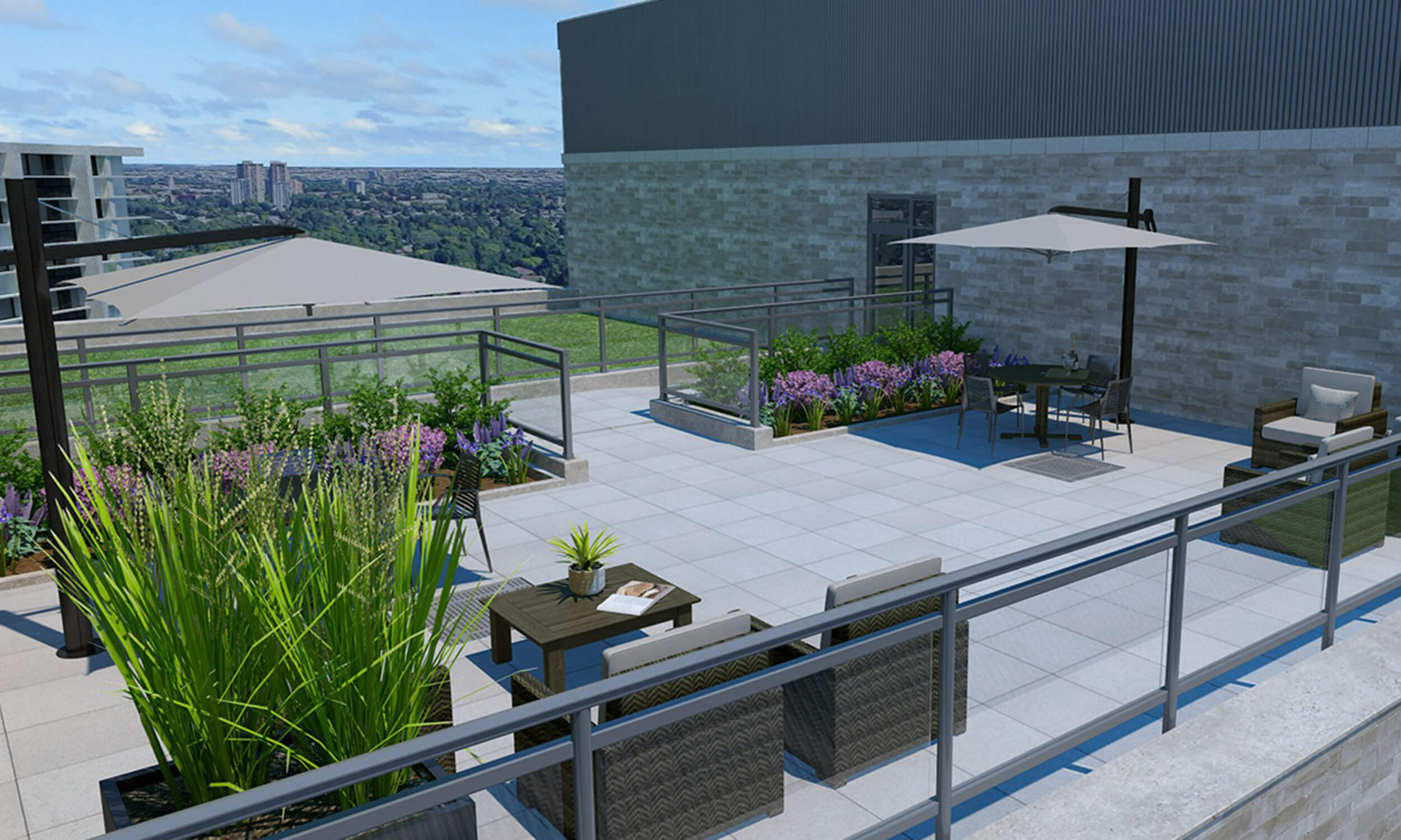 Rooftop patio with outdoor furniture and umbrellas, and garden with flowers and green space, that overlooks cityscape