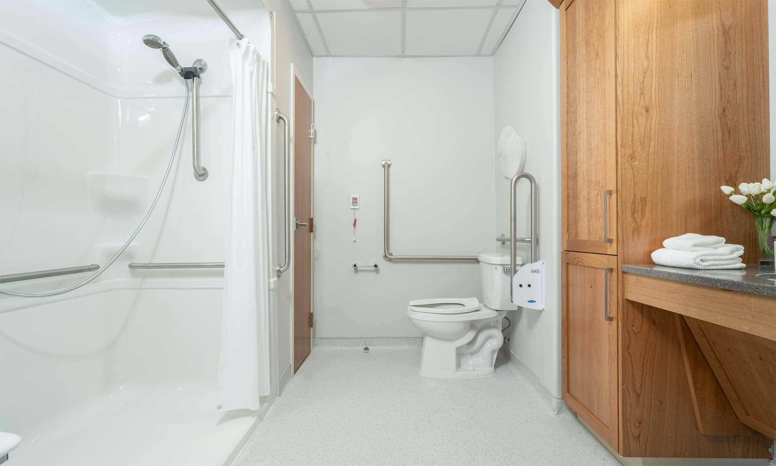 Single accessible bathroom of Parkland suite with toilet, shower, storage and sink