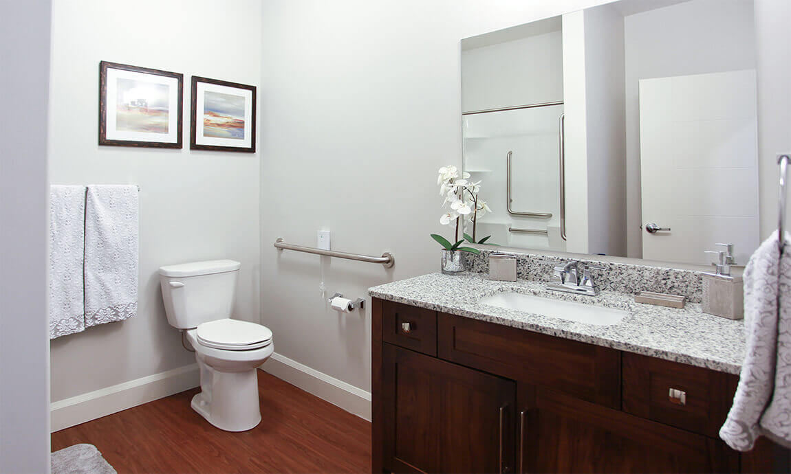 Resident suite bathroom at Parkland at the Lakes, in Dartmouth, Nova Scotia