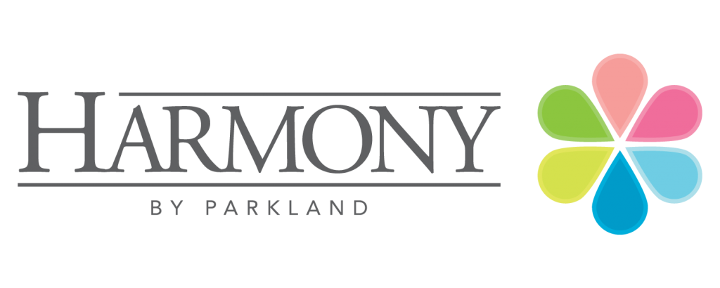 Graphic with white background that says 'HARMONY BY PARKLAND' alongside Logo