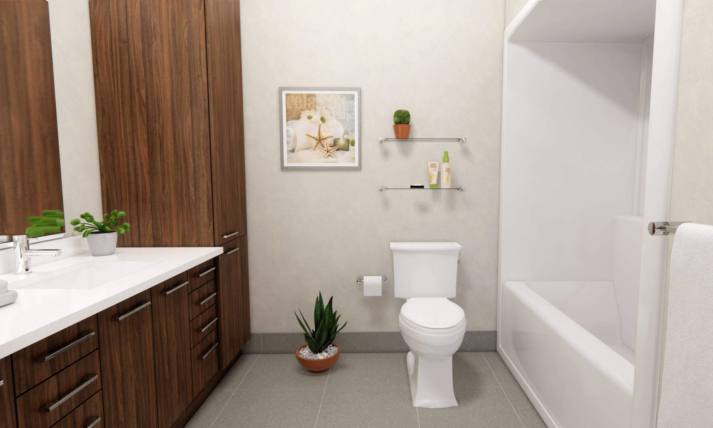 Washroom with toilet and large wood vanity with white countertops