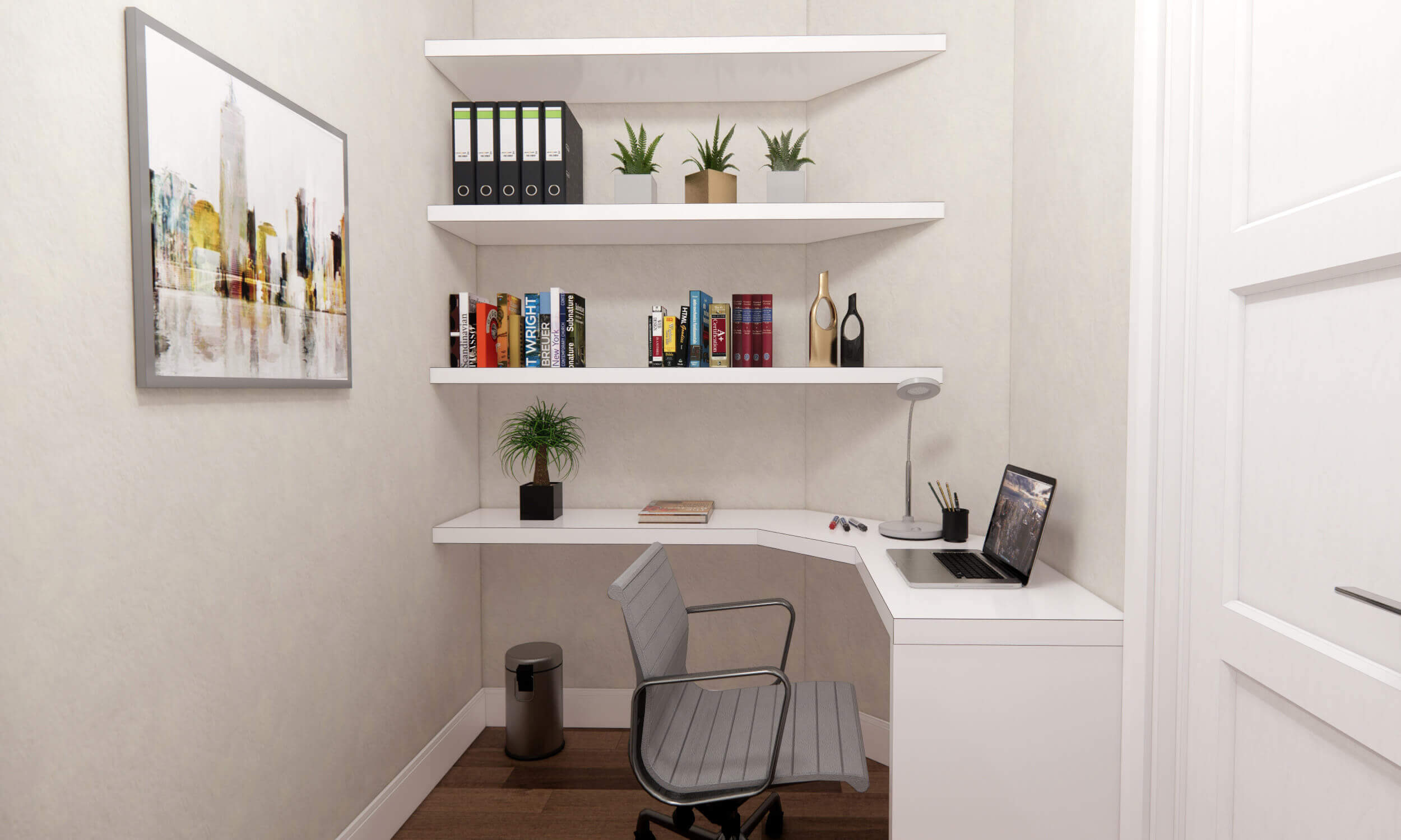 White office with laptop on white desk and shelves holding books, plants, and decor