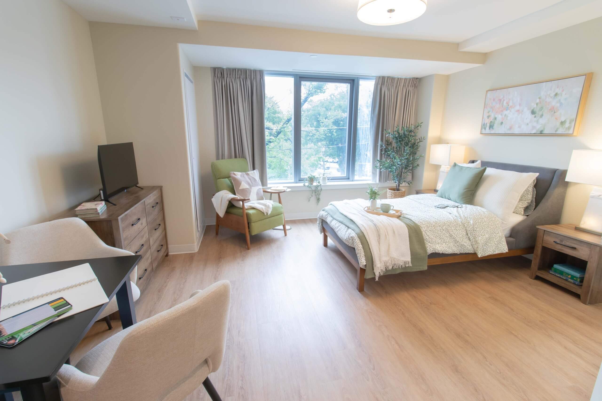 Studio room with television, furniture and bed