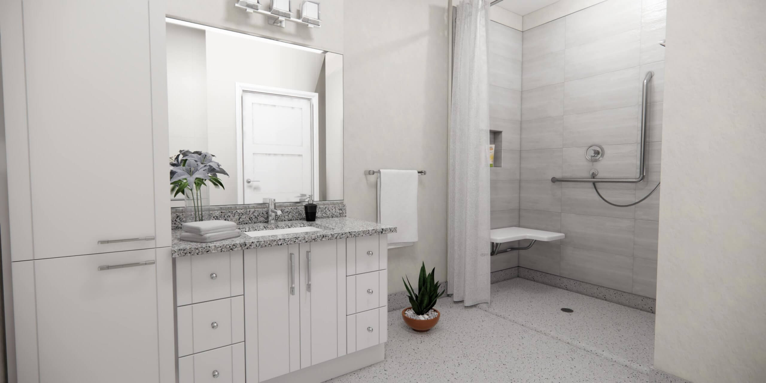 Bright, white bathroom with walk-in shower