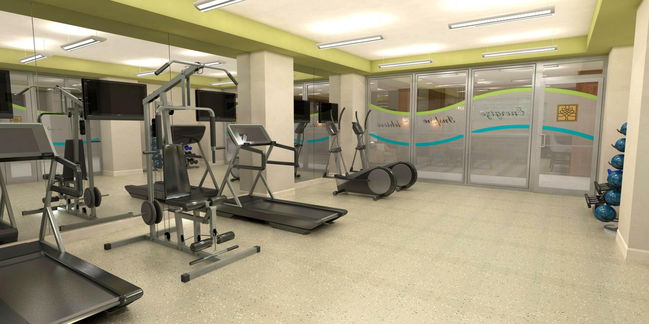 Exercise equipment in brightly lit fitness centre