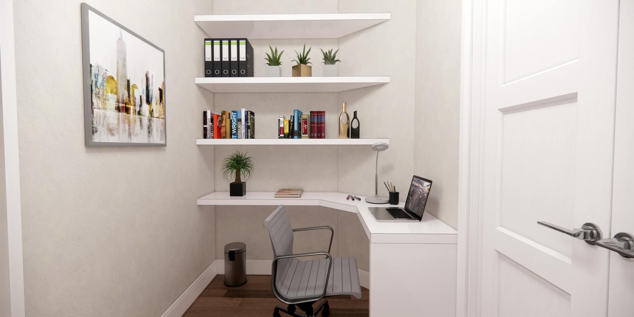 Cozy den with workspace and shelving.