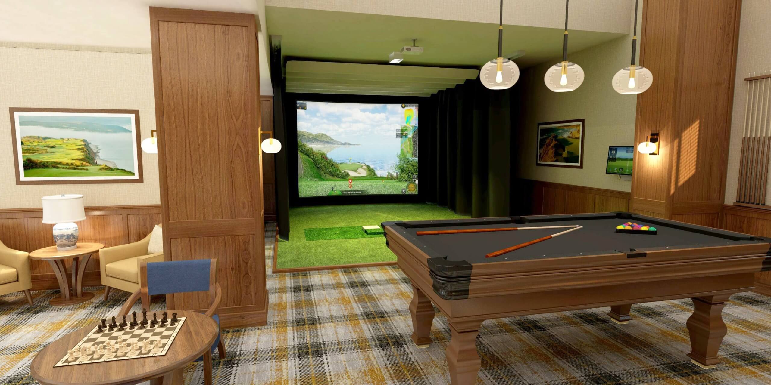 Games room complete with pool table, golf simulator, comfortable lounge chairs and plaid carpeting