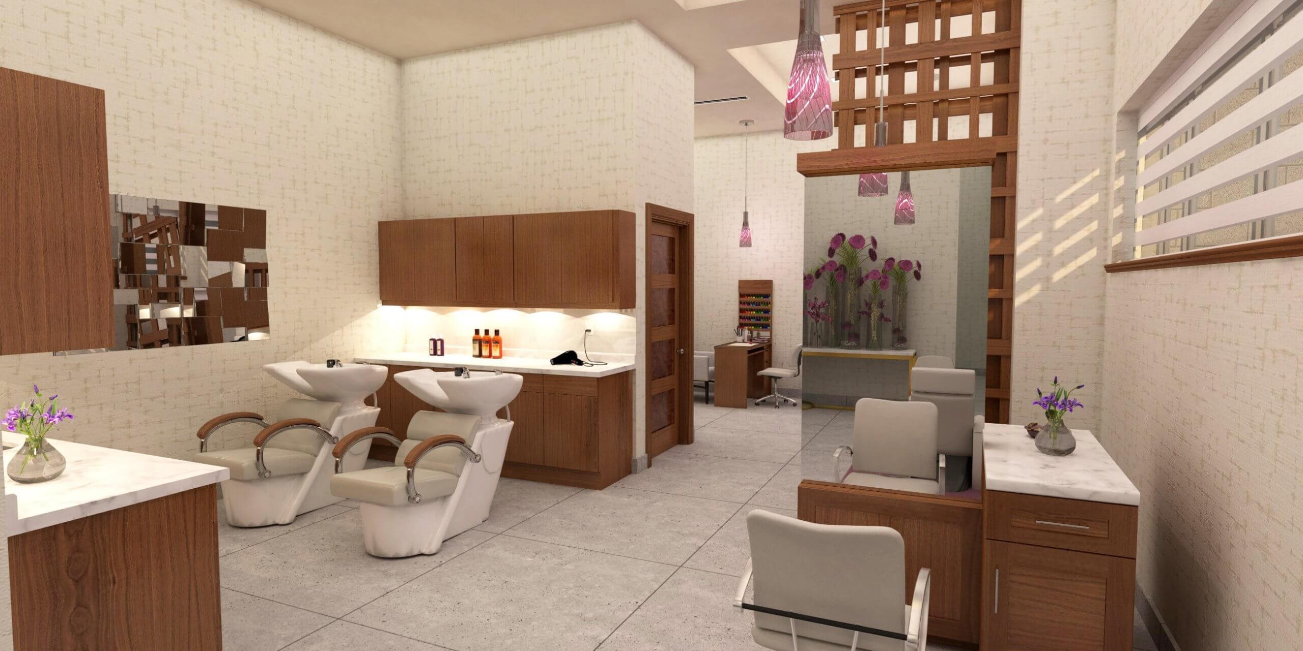 Chairs and sinks for hair salon along with stations for nail treatments.